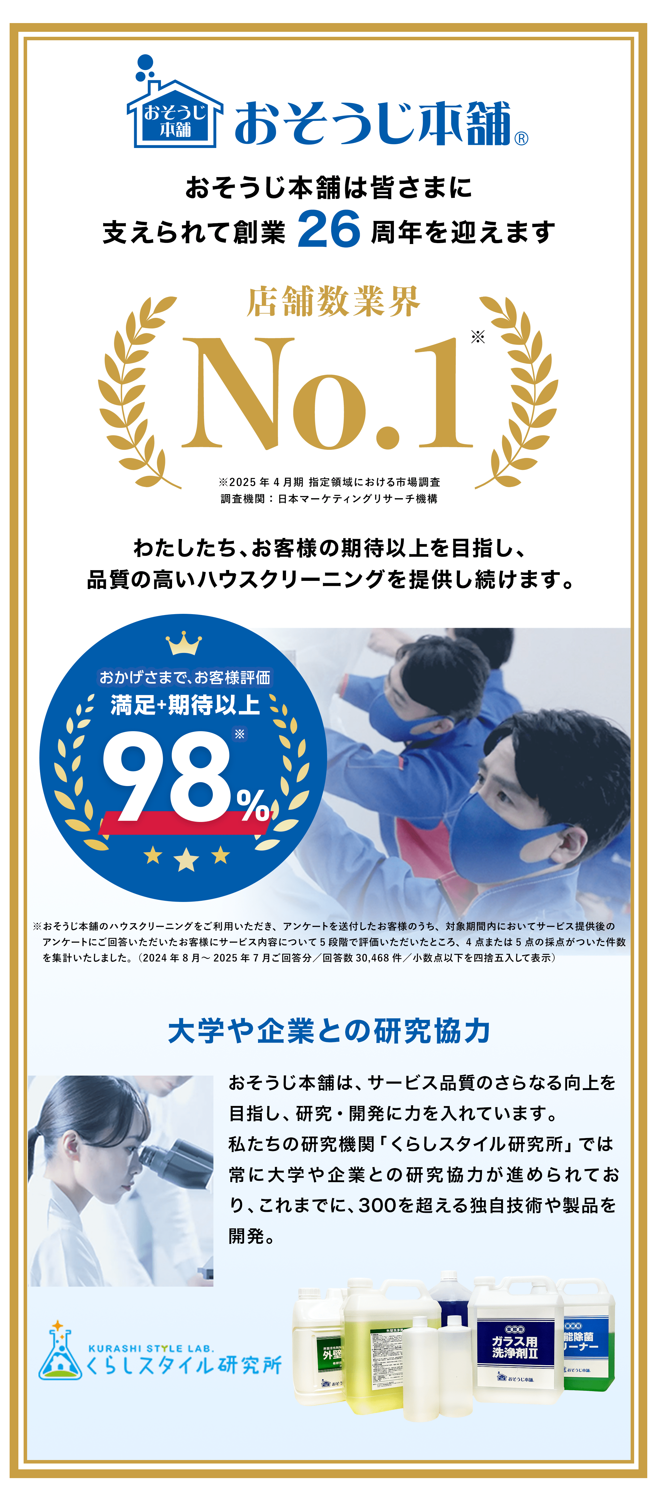 おそうじ本舗26周年、店舗数業界No.1