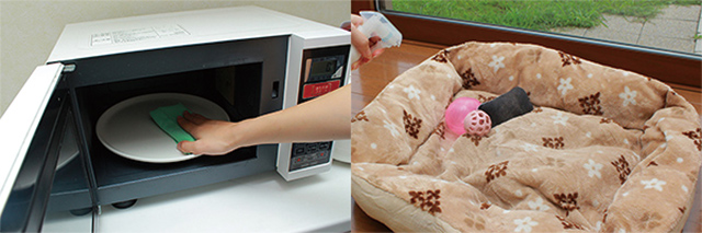 電子レンジの中(左)、子どもやペットのおもちゃ(右)